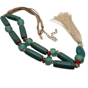 Vintage Chico's Boho 38 Inch Leather Glass Beads Long Tassel Necklace